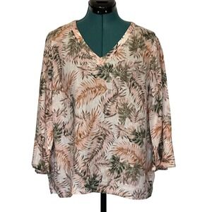 J Jill Shirt‎ Womens Small Petite Pink Green Love Linen Palm Print 100% Linen